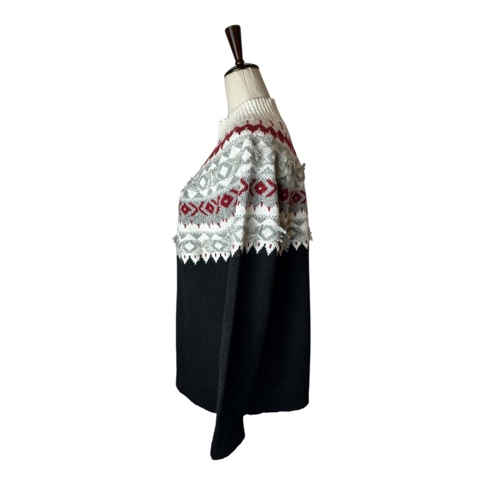 J Jill Sweater Women Medium Petite Black‎ Ivory Fair Isle Nordic Knit Mock Neck - Picture 7 of 12